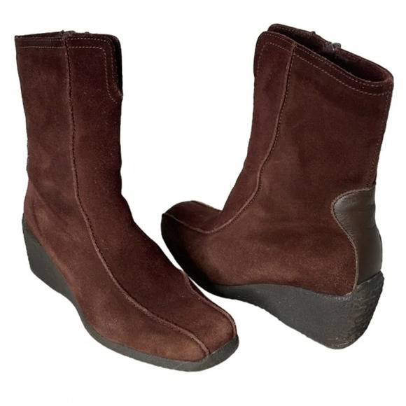 SANTANA Kylie Brown Square Toe Suede Wedge Boots Faux Fur Lined Y2K Neutral 6.5 - Picture 13 of 13
